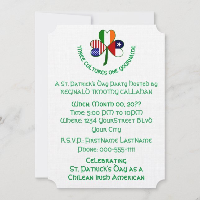 Invitación Shamrock Chilean Ireland USA Personalize Text (Anverso)