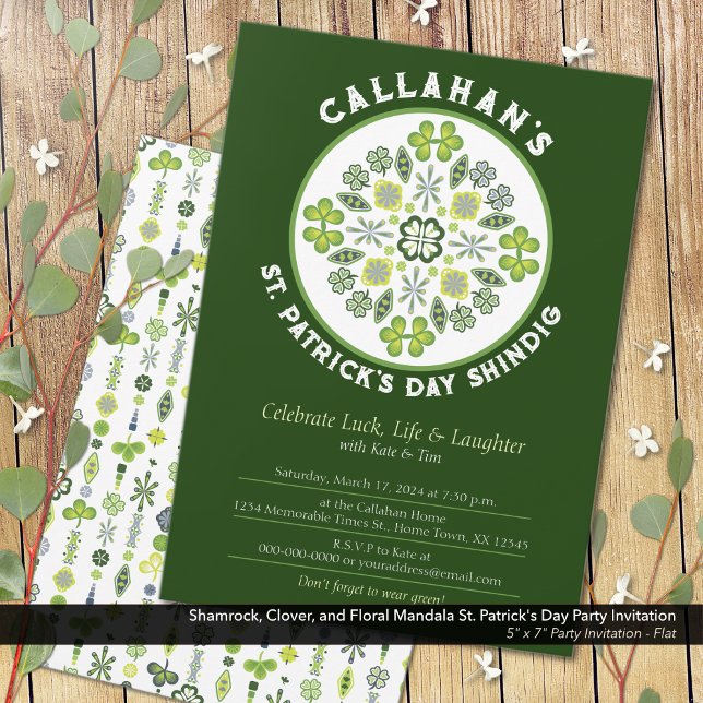 Invitación Shamrock Clover Mandala St. Patrick's Day Fiesta (Shamrock, Clover, and Floral Mandala: St. Patrick's Day Party Invitation)