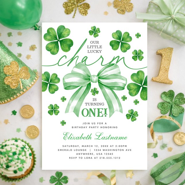 Invitación Shamrock Green Bow Lucky Charm 1st Birthday (Shamrock Green Bow Lucky Charm 1st Birthday Invitation)