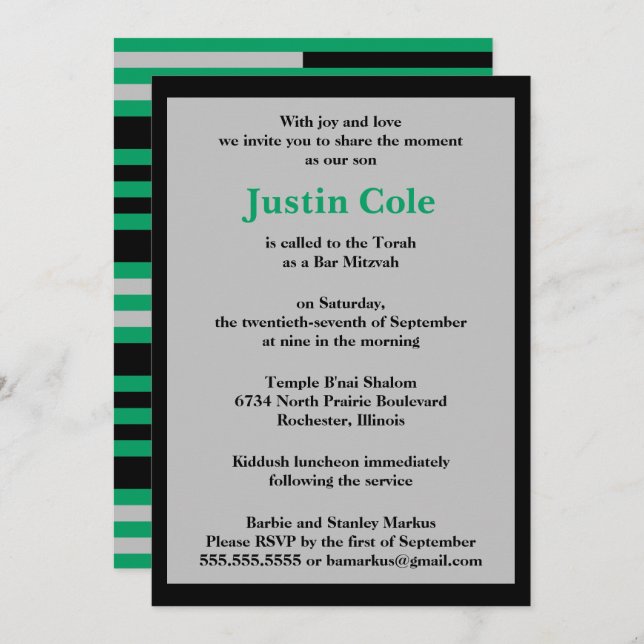 Invitación Shamrock Green Silver Stripes en Black Bar Mitzvah (Anverso / Reverso)