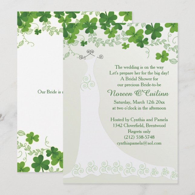 Invitación Shamrock irlandés, vestido boda Bridal Shower Invi (Anverso / Reverso)