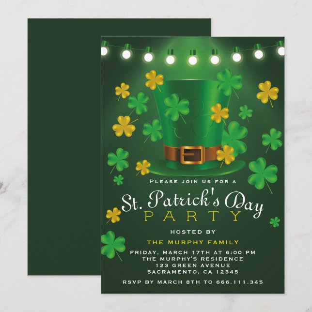 Invitación Shamrock verde y oro Fiesta del Día de San Patrici (Anverso / Reverso)