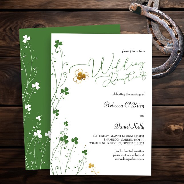 Invitación Shamrock Wildflower Green Gold Wedding Recepción (Wedding Reception invitation from my Shamrock Wildflower wedding collection)