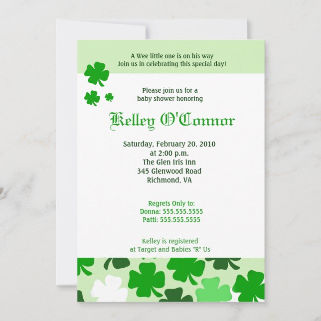 Invitación SHAMROCKS ST PATRICKS DAY VERDE Baby Shower (Anverso)