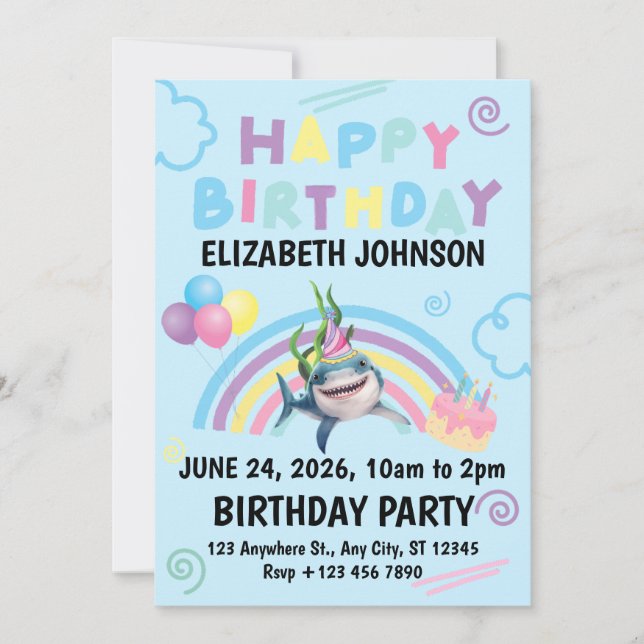 Invitación Shark Birthday Invitation in Blue (Anverso)