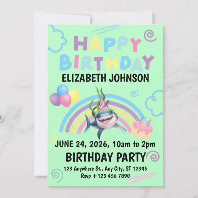 Invitación Shark Birthday Invitation in Green (Anverso)