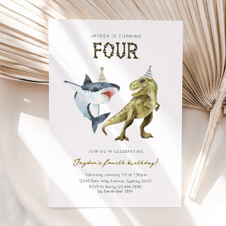 Invitación Shark & Dino 4th B'day Invite, T-rex Shark Party
