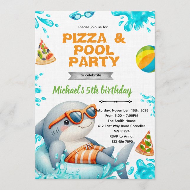 Invitación Shark Pool pizza Party Birthday Invite (Anverso)