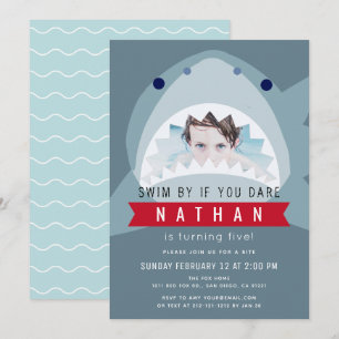 Invitación Shark Slate Blue Pool Boy Foto Cumpleaños