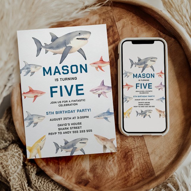 Invitación Shark Splash 5th Birthday Party | Cute Ocean Kids (Shark Splash 5th Birthday Party | Cute Ocean Kids Invitation)