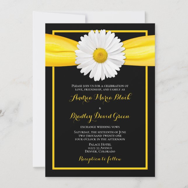 Invitación Shasta Daisy Yellow Ribbon Black Boda (Anverso)