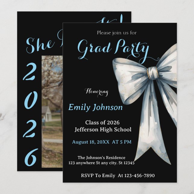 Invitación She did it Graduation invitation Photo Blue Bow  (Anverso / Reverso)