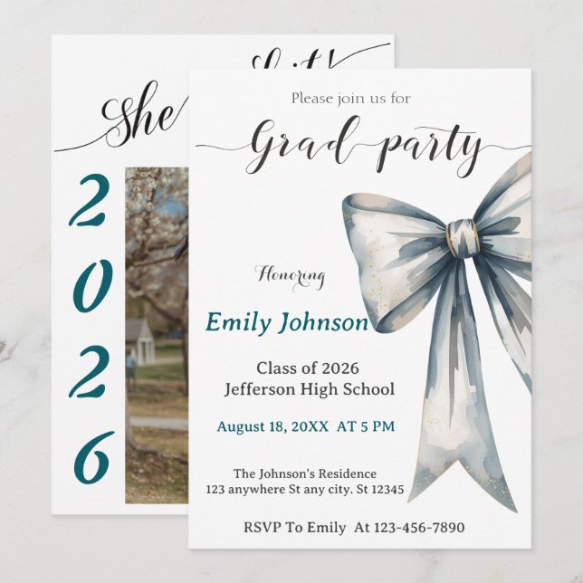 Invitación She did it Graduation invitation Photo Blue Bow  (Anverso / Reverso)