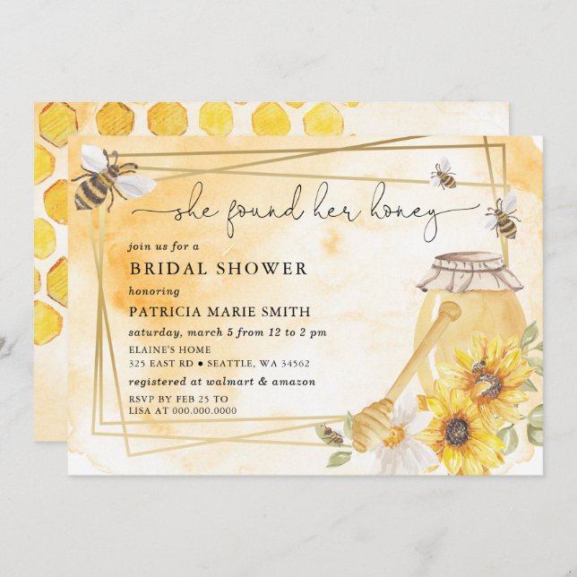 Invitación She Found Her Honey Floral Bee Bridal Shower (Anverso / Reverso)