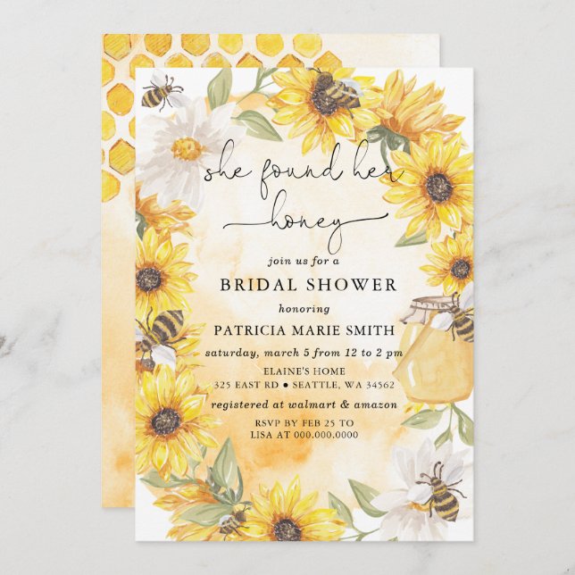 Invitación She Found Her Honey Floral Bee Bridal Shower (Anverso / Reverso)