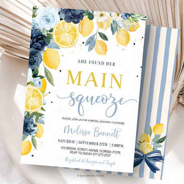 Invitación She Found Her Main Squeeze Lemon Bridal Shower  (she found her main squeeze,lemon bridal shower invitation,citrus bridal shower,mediterranean,summer )