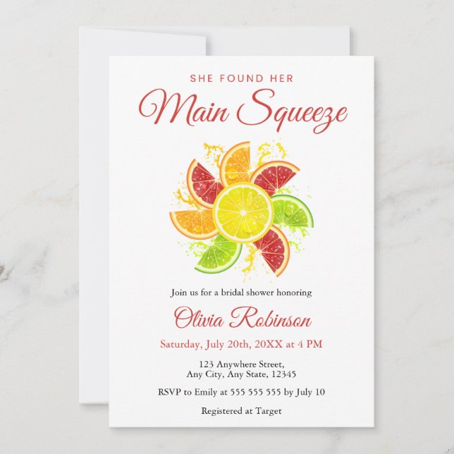 Invitación She Found Her Main Squeeze Lemon Bridal Shower  (Anverso)