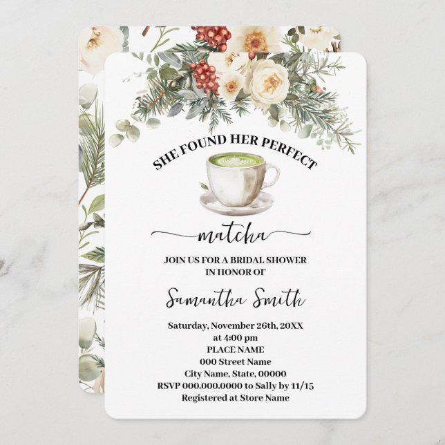 Invitación She Found Her Matcha Winter Bridal Shower (Anverso / Reverso)