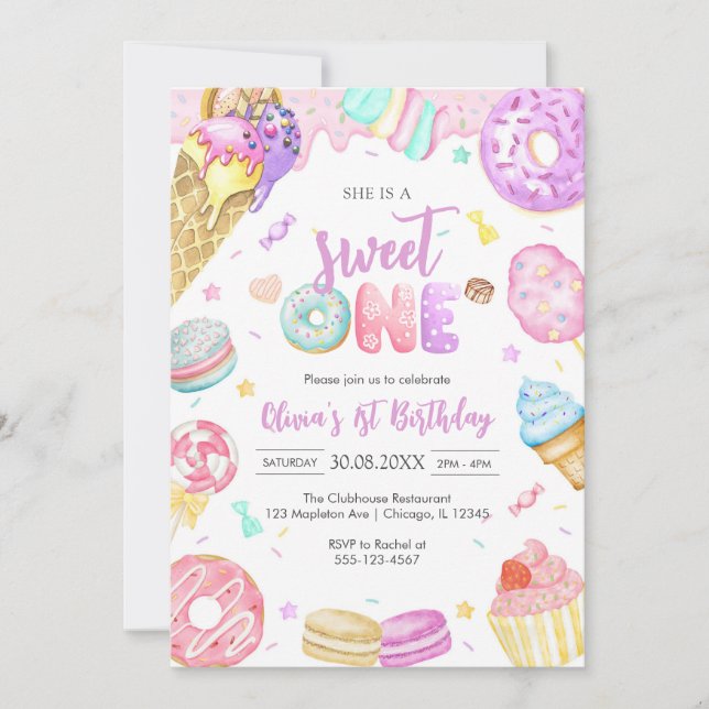 Invitación She is a Sweet One Birthday Party Invitation (Anverso)