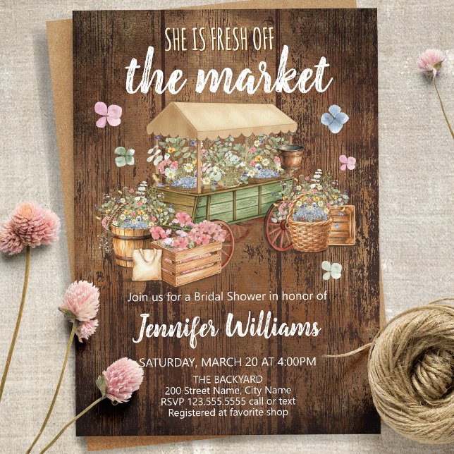 Invitación She is fresh off the market rustic bridal shower (Subido por el creador)