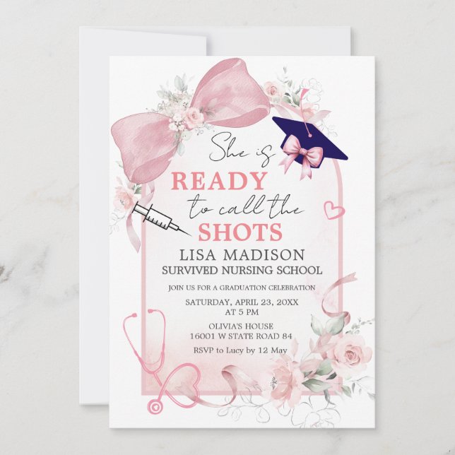Invitación She Is Ready to Call the Shots Nursing Graduation  (Anverso)