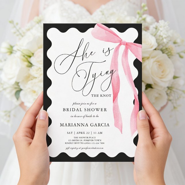 Invitación She is Tying the Knot Pink Bow Bridal Shower (Front of the invite shown in 5 x 7 inches, choose size, paper, and corner style.)