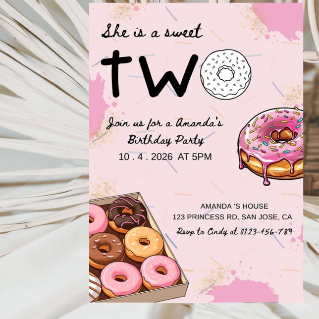 Invitación She’s a Sweet TWO Donut-Girl’s 2nd Birthday Party  (Subido por el creador)