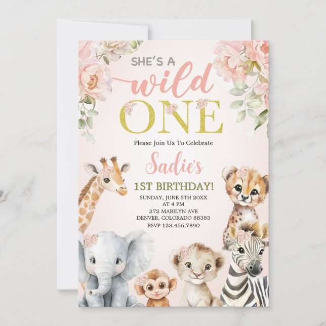 Invitación She’s a Wild One Floral Safari Girl 1st Birthday (Anverso)