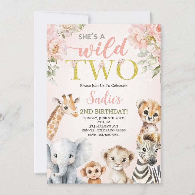 Invitación She’s a Wild Two Floral Safari Girl 2nd Birthday (Anverso)