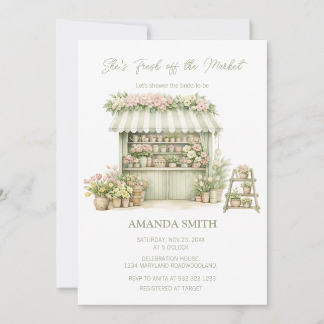 Invitación She’s Fresh Off The Market Sage Bridal Shower  (Anverso)