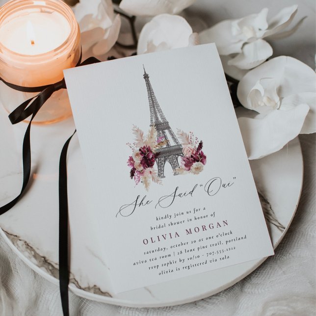 Invitación She Said Oui Burgundy Floral Paris Bridal Shower (Subido por el creador)