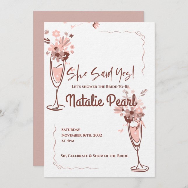Invitación She Said Yes Blush Floral Champagne Bridal Shower (Anverso / Reverso)