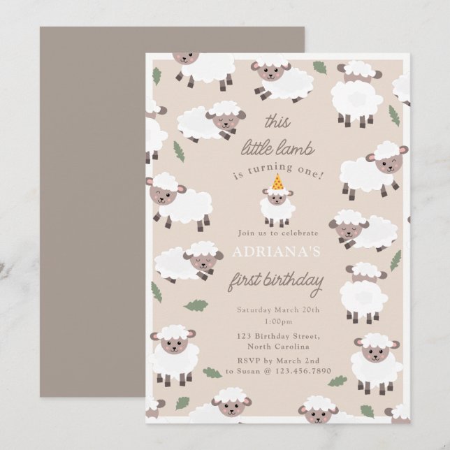 Invitación Sheep Lamb Cute Farm Party Animals 1st Birthday (Anverso / Reverso)