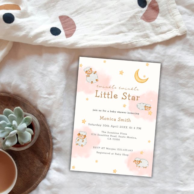 Invitación Sheep Twinkle Twinkle Moon Stars Chica Baby Shower (Sheep Twinkle Twinkle Moon Stars Girl Baby Shower Invitation)