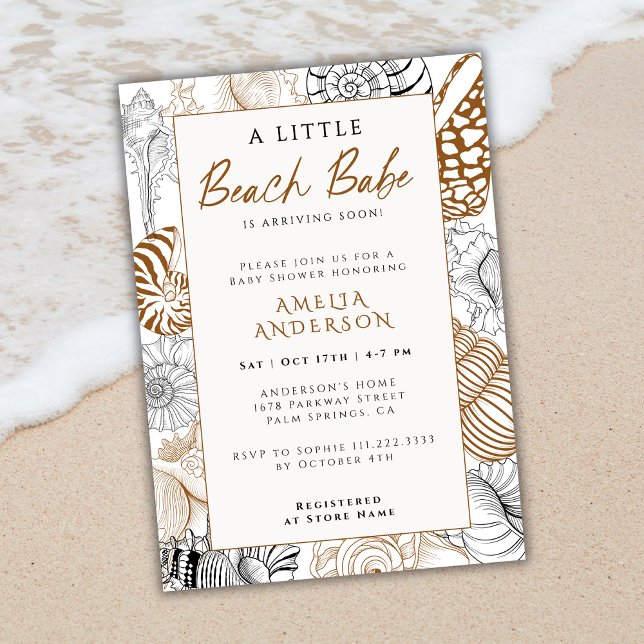 Invitación Shell de mar ruso Line Art Beach Babe Baby Shower (Subido por el creador)