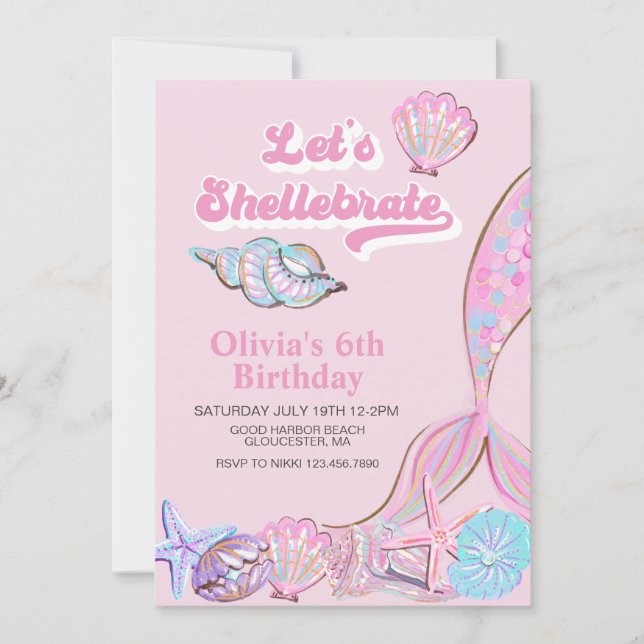 Invitación Shellebrate Seashell and mermaid Cumpleaños (Anverso)
