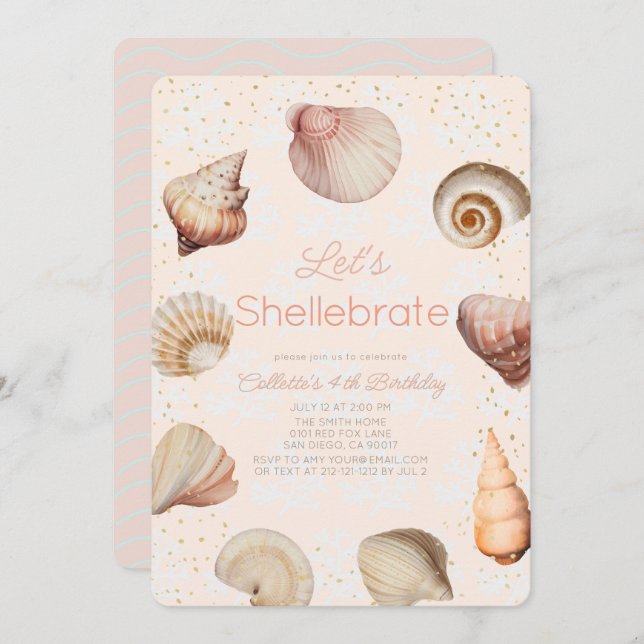 Invitación Shellebrate Seashell Cumpleaños Rosa Realista (Anverso / Reverso)