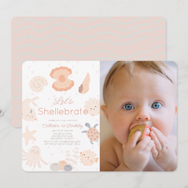 Invitación Shellebrate Seashell Pink Primera foto de cumpleañ (Anverso / Reverso)