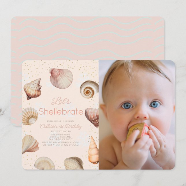 Invitación Shellebrate Seashell Realista Foto de primer cumpl (Anverso / Reverso)