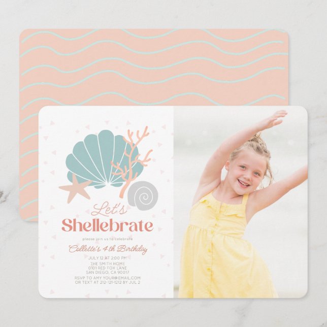 Invitación Shellebrate Seashell Retro Foto Rosa Cumpleaños (Anverso / Reverso)