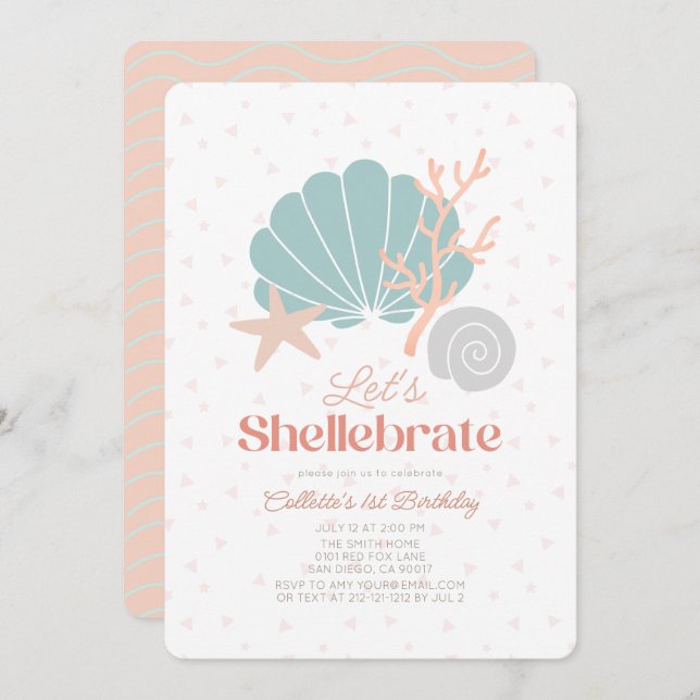 Invitación Shellebrate Seashell Retro Pink 1er cumpleaños (Anverso / Reverso)