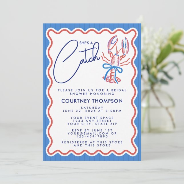 Invitación She's A Catch Coastal Lobster Bridal Shower (Anverso de pie)