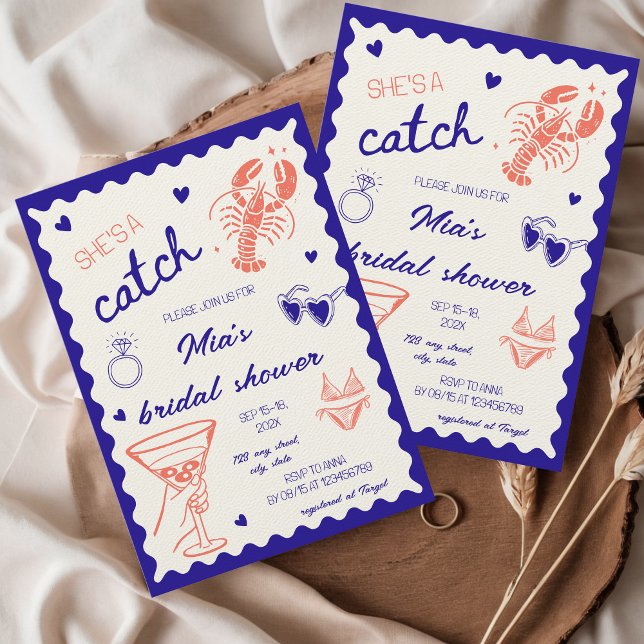 Invitación She's a catch Lobster Hand Drawn Bridal Shower (She's a catch lobster bridal shower invitation hand drawn unique whimsical coastal nautical beach)