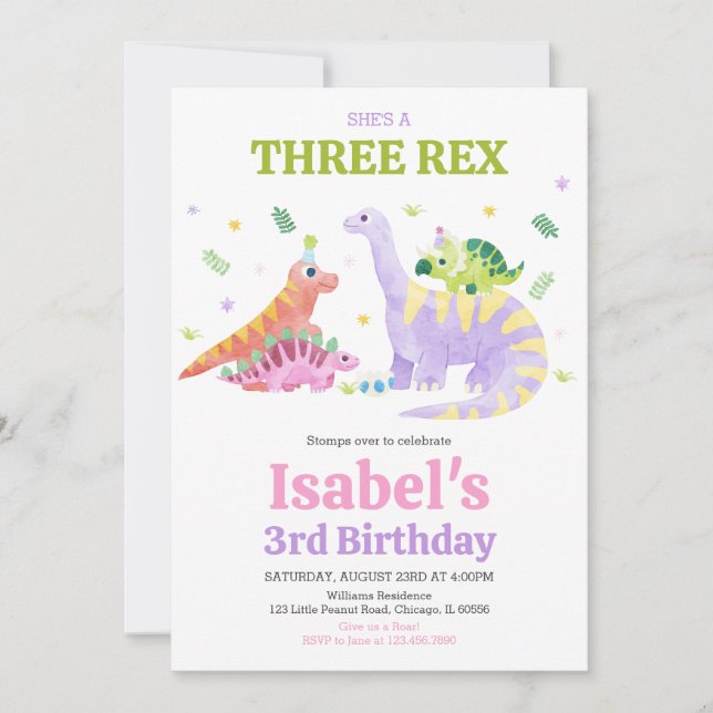 Invitación She's a Three rex Trex Dinosaur Birthday (Anverso)
