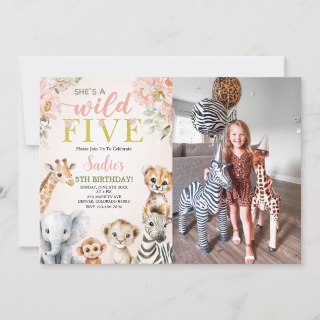 Invitación She's a Wild Five Floral Safari Birthday Photo (Anverso)