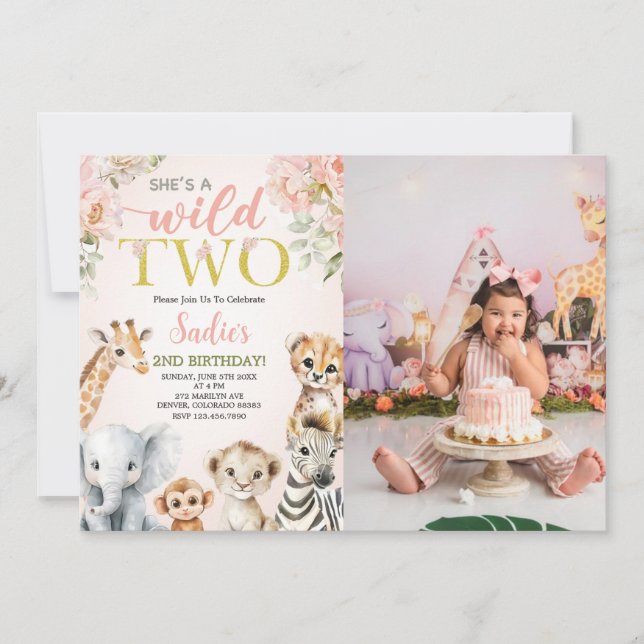 Invitación She's a Wild Two Floral Safari Birthday Photo (Anverso)