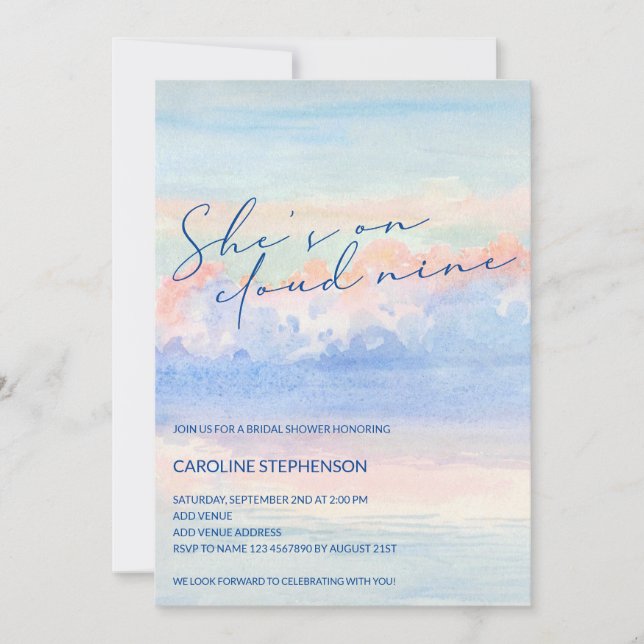 Invitación Shes En Nueve Pastel De Agua Nube Ducha De Novias (Anverso)