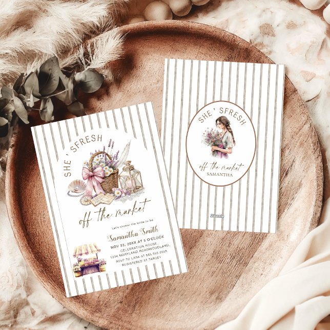 Invitación She's Fresh Off the Market Striped Bridal Shower (Subido por el creador)