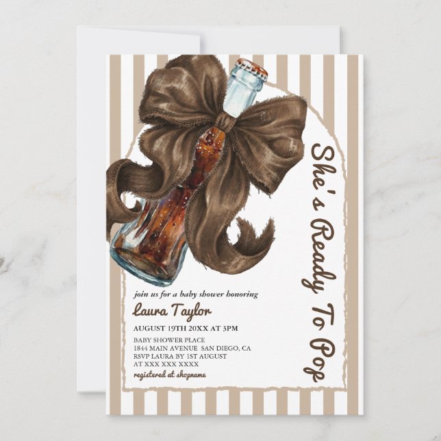 Invitación She's Ready To Pop Neutral Bow Baby Shower  (Anverso)