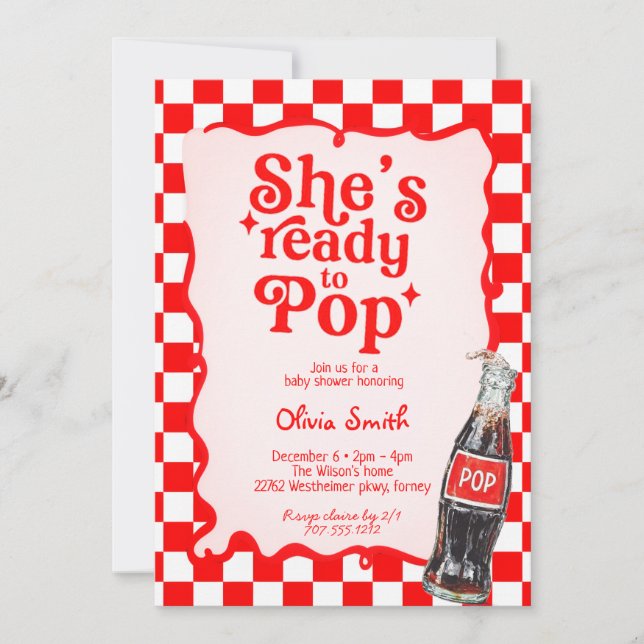 Invitación  She's Ready to Pop Soda Baby Shower party (Anverso)
